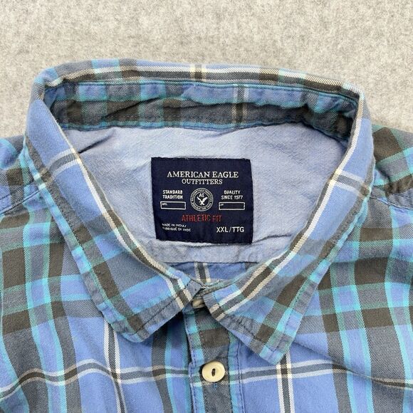 American Eagle Outfitters Mens XXL Long Sleeve Shirt Blue Grey Plaid 2XL Y2K - Picture 3 of 10